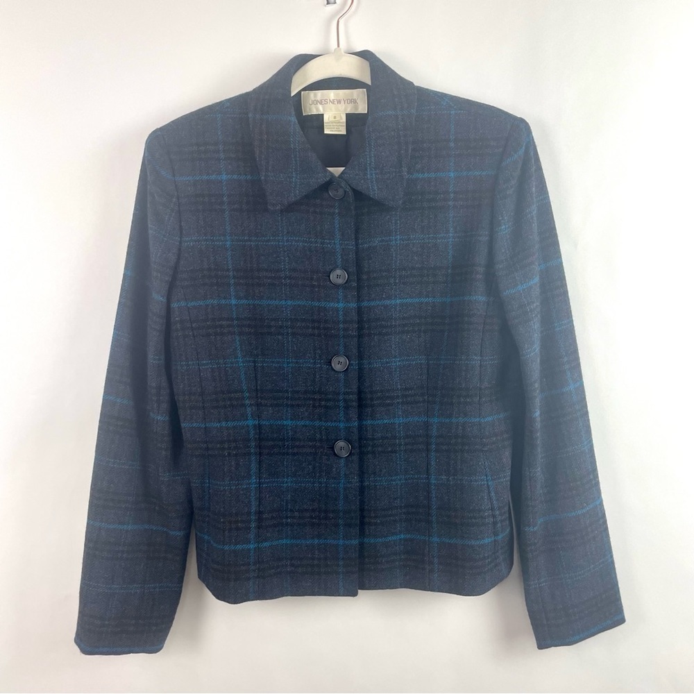 Jones New‎ York Vintage Fitted Blazer 100% Wool Lined Gray Plaid Shoulder Pads 8
